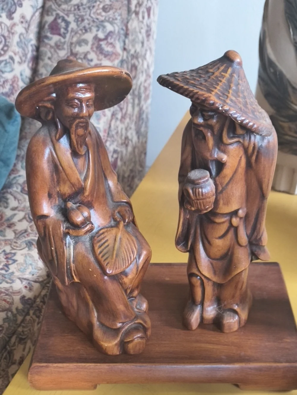 Vintage Pair Of 8in. Chinese Mudmen, Pedestal, Faux Wood Finish Arnel's